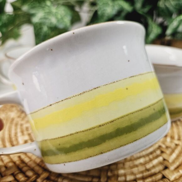 Vintage Stoneware Sunrise Set 3 Yellow Green Speckled Glaze Mug Coffee Tea Soup - Picture 5 of 11